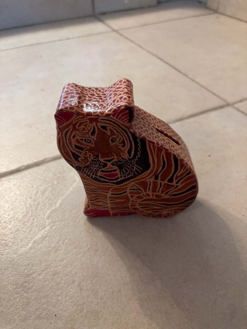 Vintage Leather Tiger Coin Bank Tooled Hand Painted Piggy Bank